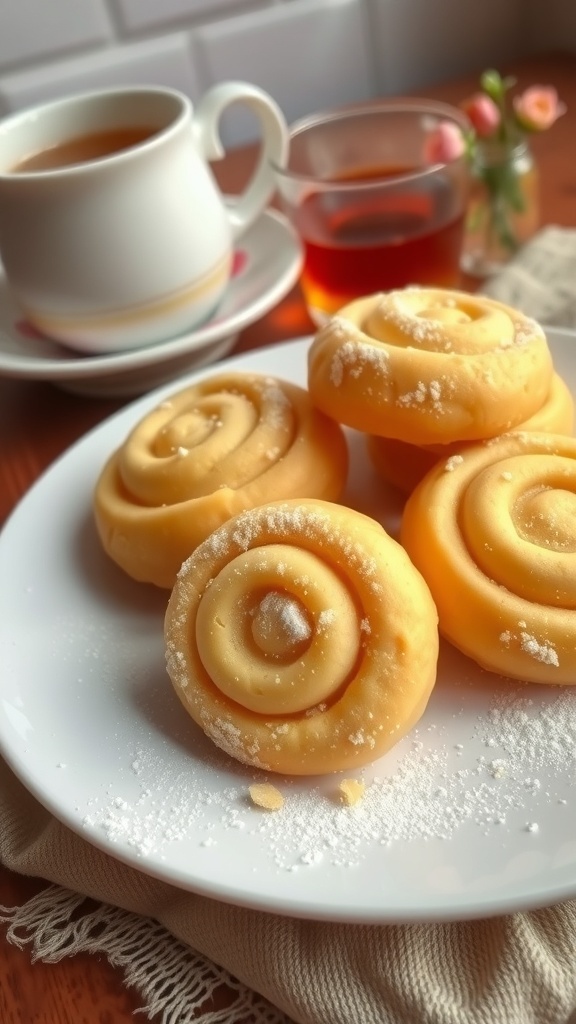 Butter Roll Cookies Recipe A plate of buttery roll cookies dusted with powdered sugar, accompanied by a cup of tea.